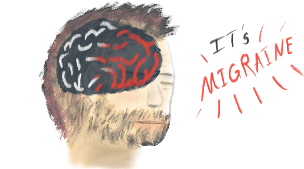 Illustration des Kopfes eines Mannes. Die Augen und Mund sind geschlossen. Über dem Kopf und Gesicht ist das Gehirn illustriert, dessen Farbe sich  vom Hinterkopf bis zum Gesicht von weiß nach Rot ändert. Neben dem Gesicht ist "It's Migraine!" zu lesen. "Migraine" ist rot geschrieben."